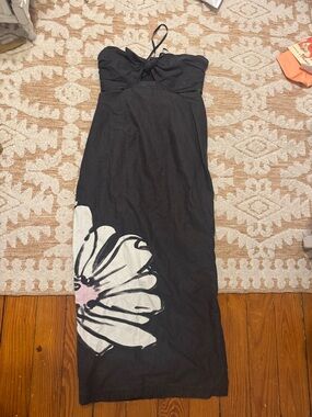 Vintage Strapless Black Floral Strapless Maxi Dress